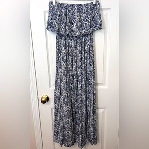 Summer blue/white porcelain off the shoulder ruffle boho maxi long dress